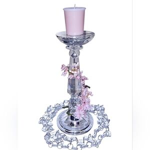 Crystal Pedestal Candle Holder Display Faux Flowers Crystal Chain Pink Candle